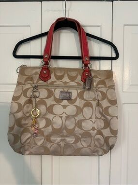 Coach Tan Poppy Signature Tote with Pink Leather Handles & Coach Daisy Keychain